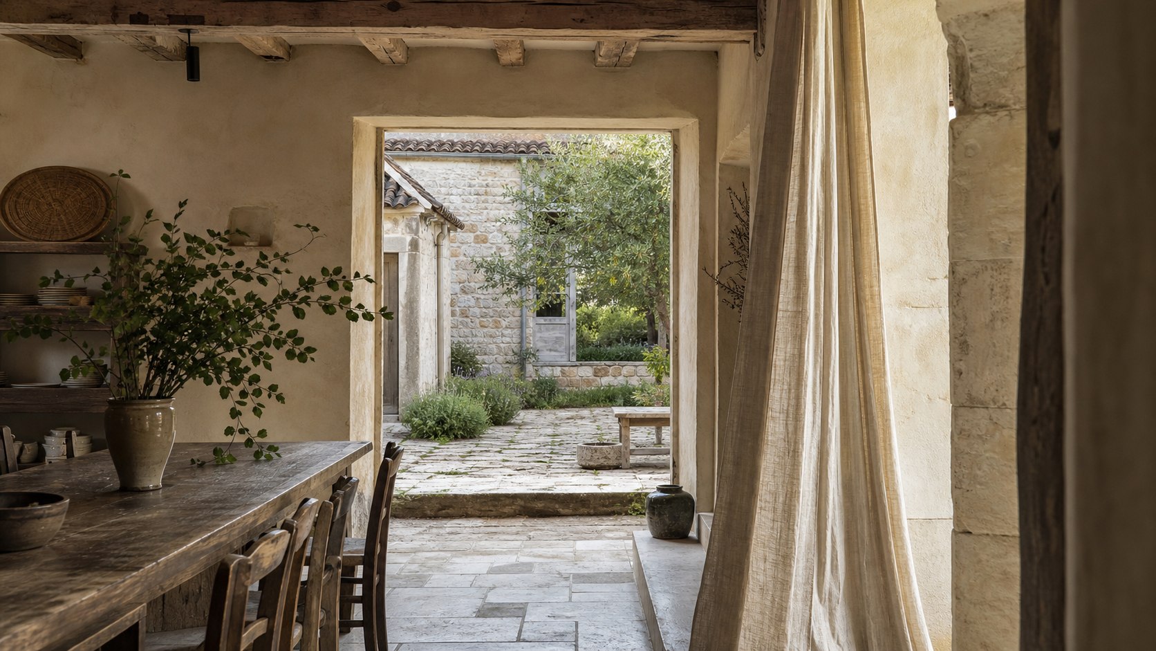 Intérieur en pierre et cour arborée de la Ferme des Ormes